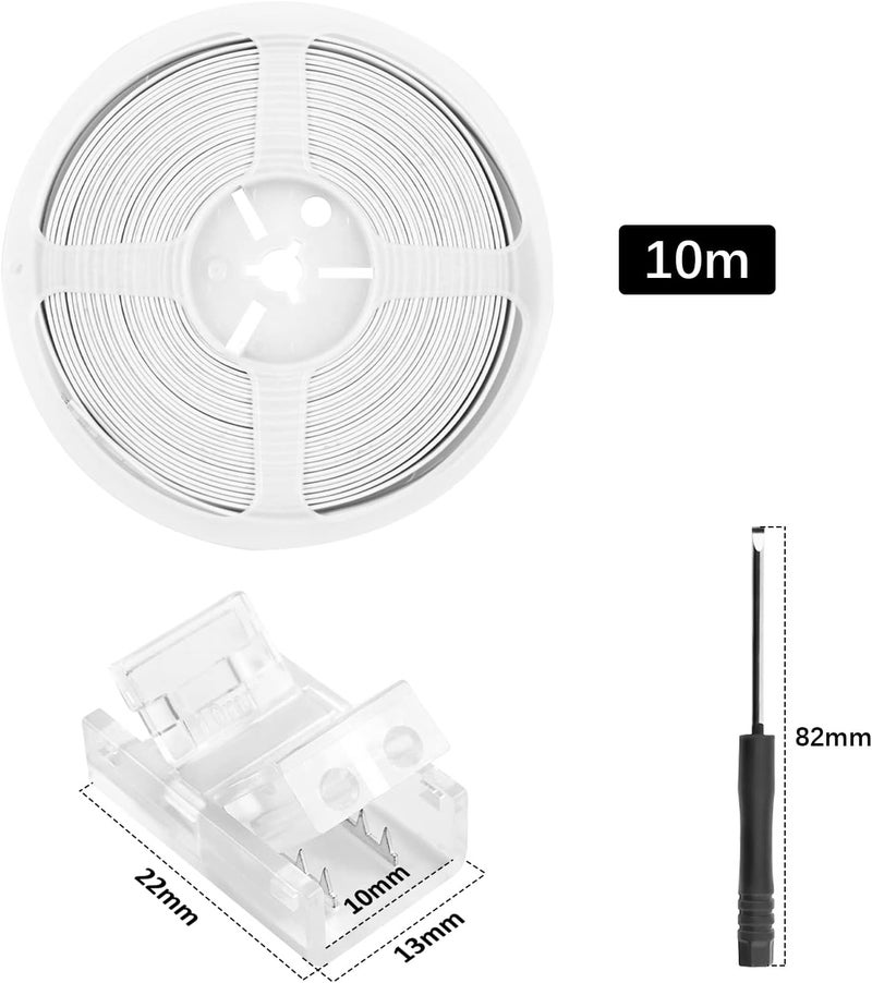 RGBZONE 2 Pin LED Strip Connector Kit, 5pcs 10mm Strip to Wire Connectors and 10m Extension Cable for Waterproof or Non-Waterproof Single Color LED Strip Lights - Image 2